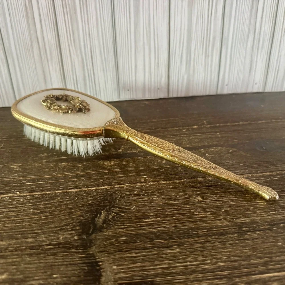 Vintage Gold Floral Hairbrush Rose Wreath Filigree Hollywood Regency Vanity MCM